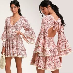 Free People Retro 70s Bohemian Gypsy Crochet Bell Sleeve Kristall Floral Dress S